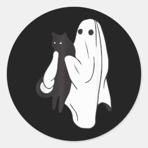 Pegatina Redonda Fantasma sosteniendo gato negro amantes de gatos d