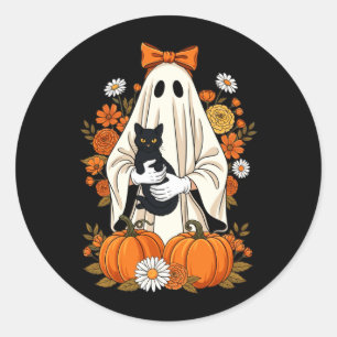 Pegatina Redonda Fantasma sosteniendo gato negro calabaza floral Ha