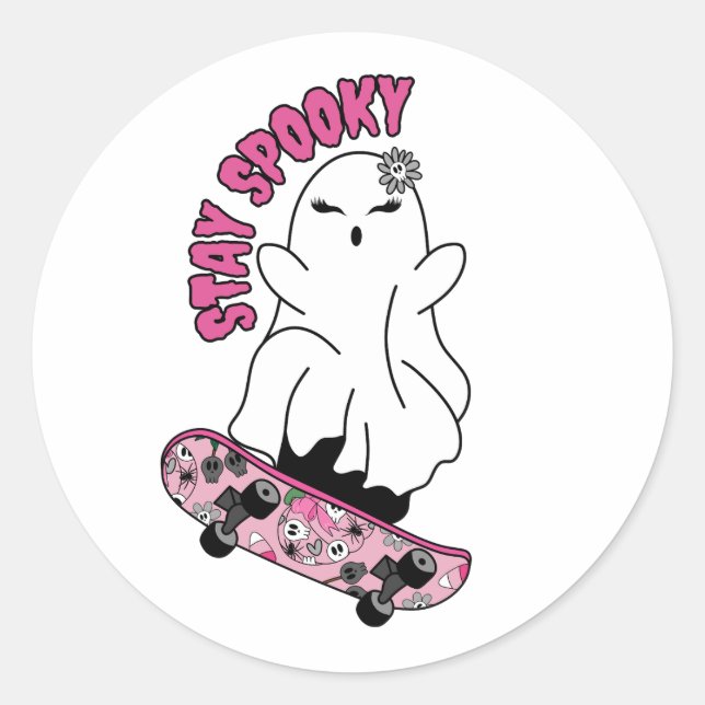 Pegatina Redonda Fantasma "Stay Spooky" en una skateboard - Guay Pi (Anverso)