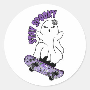 Pegatina Redonda Fantasma "Stay Spooky" en una skateboard - Guay Pu