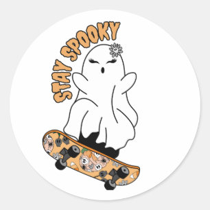 Pegatina Redonda Fantasma "Stay Spooky" en una skateboard - Naranja