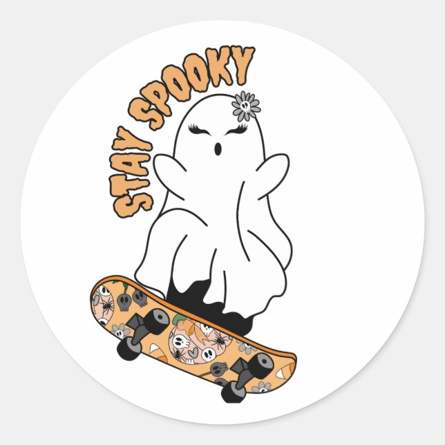Pegatina Redonda Fantasma "Stay Spooky" en una skateboard - Naranja (Anverso)