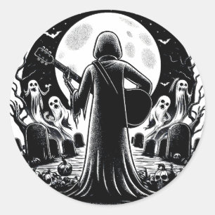 Pegatina Redonda Fantasma tocando la guitarra en el cementerio del 
