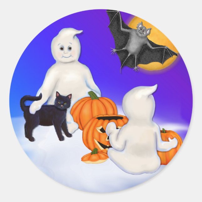 Pegatina Redonda Fantasma y amigos de Halloween (Anverso)