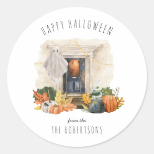 Pegatina Redonda Fantasma y calabazas   Feliz Halloween