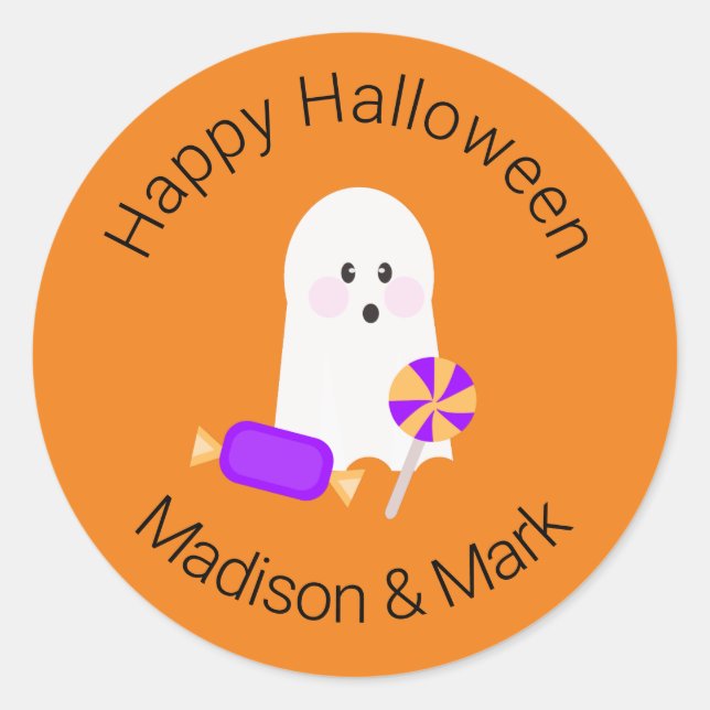 Pegatina Redonda Fantasma y Candy Halloween Favor (Anverso)
