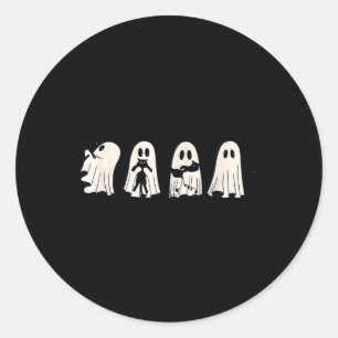 Pegatina Redonda Fantasma y gato negro adorable fantasma sosteniend