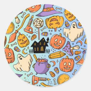 Pegatina Redonda Fantasmas, Calabazas, Gatos y Diseño Continuo de H