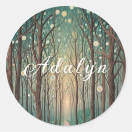 Pegatina Redonda Fantasmas forestales: Luces flotantes en la madera