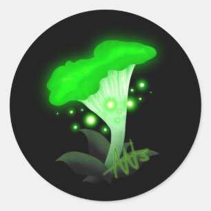 Pegatina Redonda Fantasy Chanterelle Gslow Green Mushroom