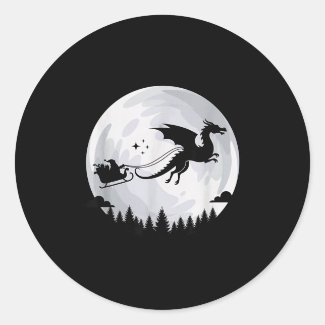 Pegatina Redonda Fantasy Dragon Moon Sleigh, Santa Pulled By Dragon (Anverso)