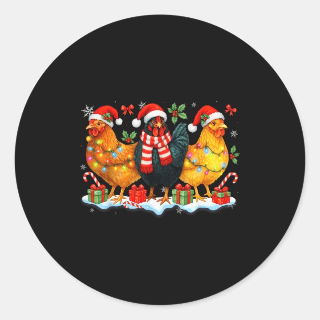Pegatina Redonda Farm Animal Funny Chicken Christmas Lights Cute Xm (Anverso)