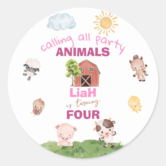 Pegatina Redonda Farm animals Any Age Birthday (Anverso)