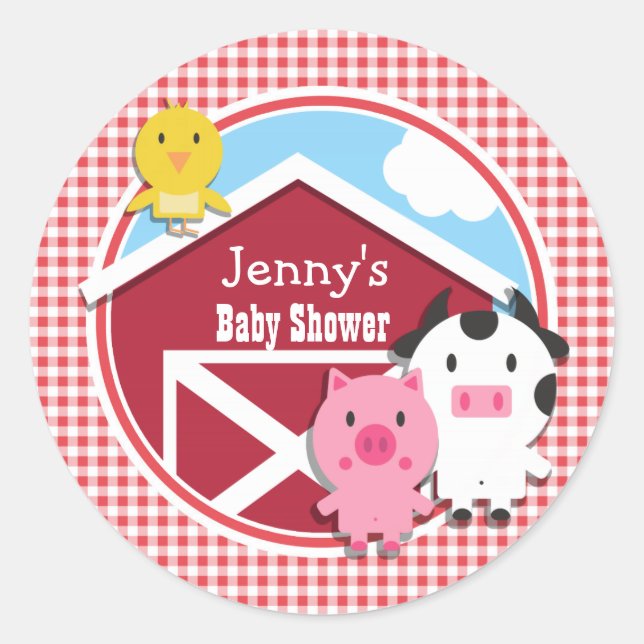 Pegatina Redonda Farm Animals Baby Shower; Red & White Gingham (Anverso)
