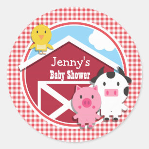 Pegatina Redonda Farm Animals Baby Shower; Red & White Gingham