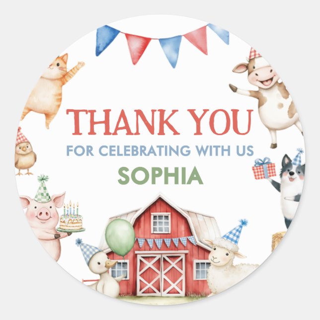 Pegatina Redonda Farm Animals Barnyard Birthday Party (Anverso)