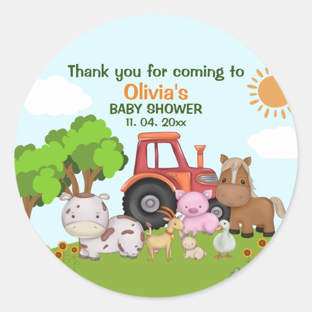 Pegatina Redonda Farm Barnyard Baby Shower (Anverso)