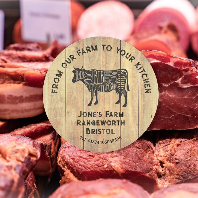 Pegatina Redonda Farm Fresh Beef Sticker | Rustic Cow Logo Label  (Subido por el creador)