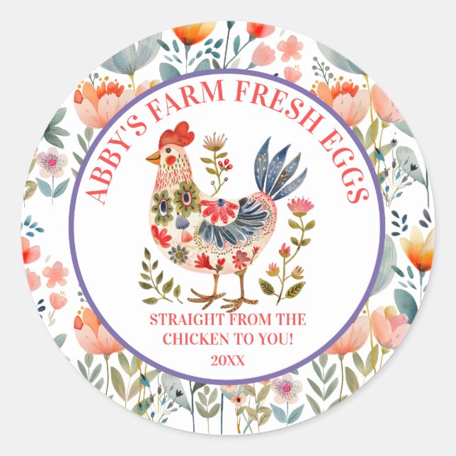 Pegatina Redonda Farm Fresh Eggs Folk Art Chicken (Anverso)