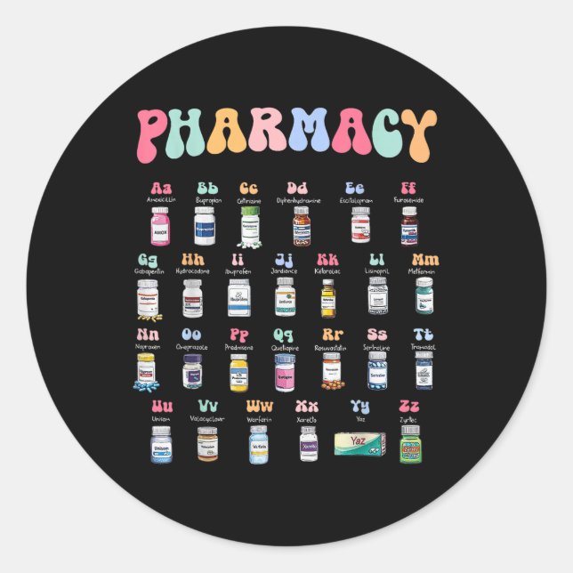 Pegatina Redonda Farmacia Médico Alfabeto De Farmacia (Anverso)