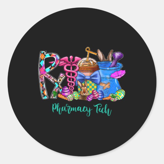 Pegatina Redonda Farmacy Tech Coffee Bunny Easter Day Pharmacist (Anverso)