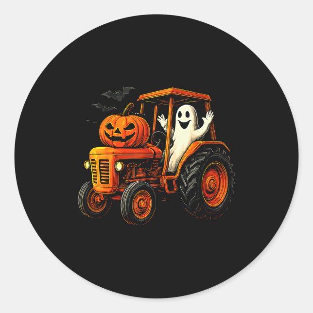 Pegatina Redonda Farmer Ghost Tractor Pumpkin Soky Season Halloween (Anverso)
