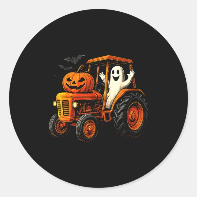 Pegatina Redonda Farmer Ghost Tractor Pumpkin Soky Season Halloween (Anverso)