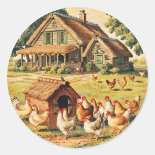 Pegatina Redonda Farmhouse Hen   Granja O Gallina
