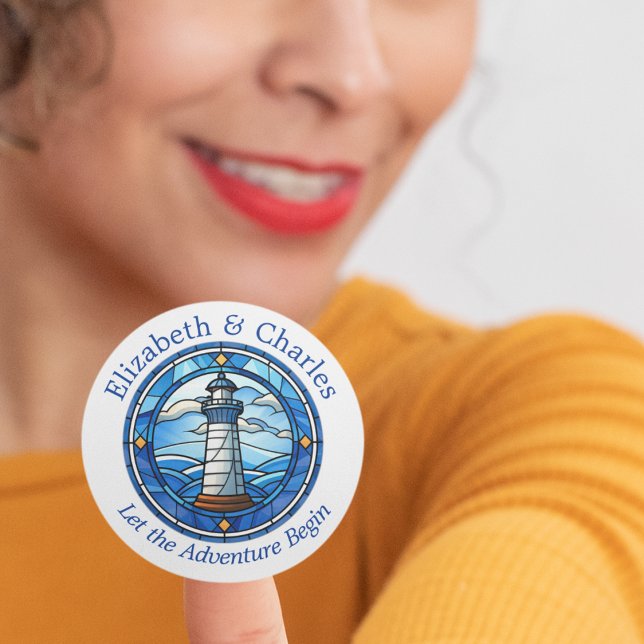 Pegatina Redonda Faro de aventuras boda Vela Náutica (Lighthouse nautical wedding bride and groom favor stickers)