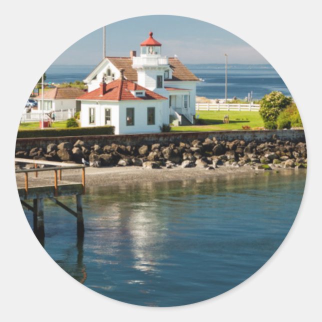 Pegatina Redonda Faro de Mukilteo, Mukilteo, Washington, EE. UU. (Anverso)