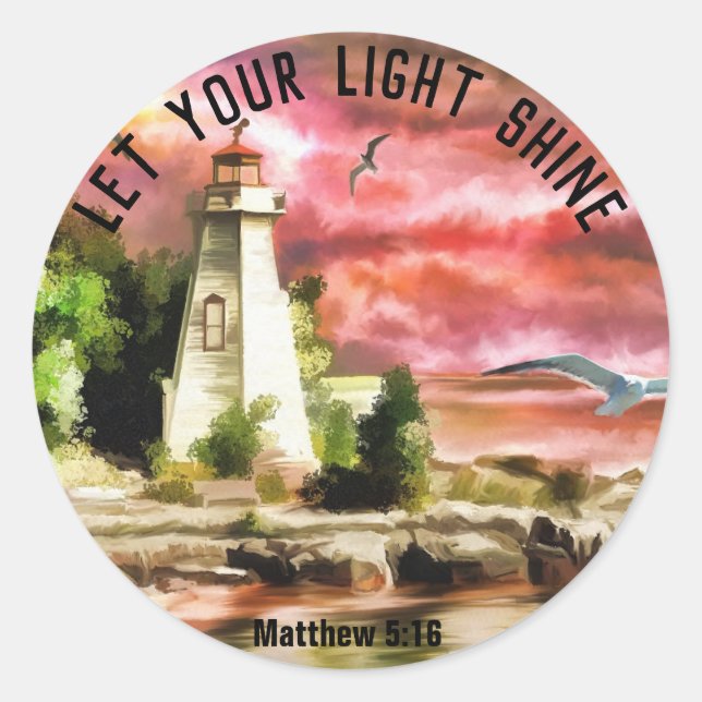 Pegatina Redonda Faro Mateo 5:16 Deja Que Tu Luz Brille (Anverso)