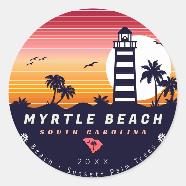 Pegatina Redonda Faro Myrtle Beach SC Retro Sunset Souvenirs (Anverso)