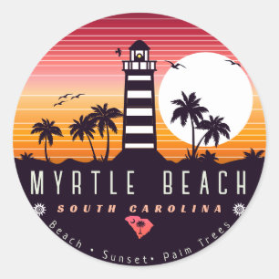 Pegatina Redonda Faro Myrtle Beach SC Retro Sunset Souvenirs