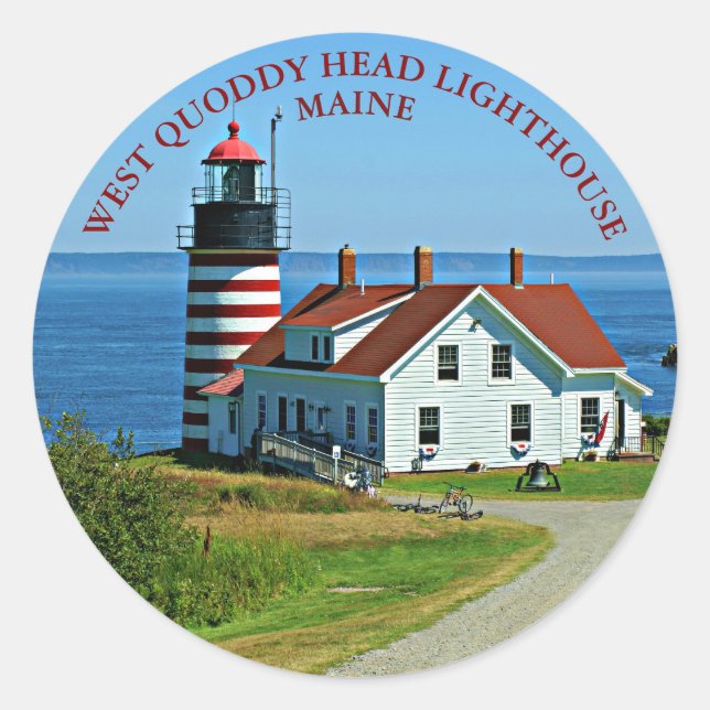Pegatina Redonda Faro West Quoddy Head, Pegatinas de Maine Round (Anverso)