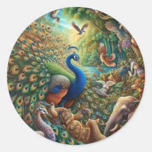 Pegatina Redonda 🦚 ✨ fascinante concierto de pavo real en la selva