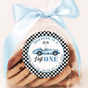 Pegatina Redonda Fast One Azul coche de carreras Niño Cumpleaños Gr