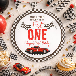 Pegatina Redonda Fast One Race Car Boy Primer Fiesta de cumpleaños