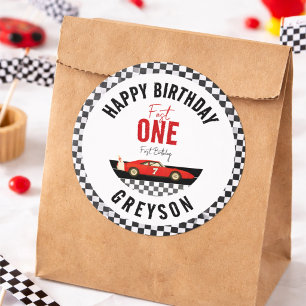 Pegatina Redonda Fast One Race Car Boy Primer Fiesta de cumpleaños