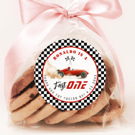 Pegatina Redonda Fast One Red Race Car Boy Cumpleaños Gracias