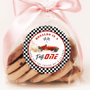 Pegatina Redonda Fast One Red Race Car Boy Cumpleaños Gracias