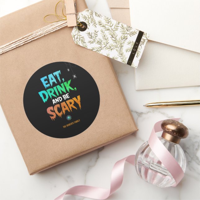 Pegatina Redonda Fastidioso regalo de Halloween "Come y ten miedo" (Regalar)