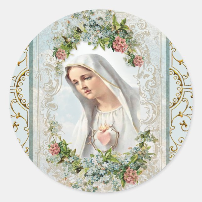 Pegatina Redonda Fatima Bendecida Virgen María Floral Católica (Anverso)