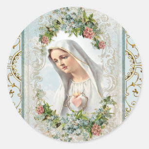 Pegatina Redonda Fatima Bendecida Virgen María Floral Católica