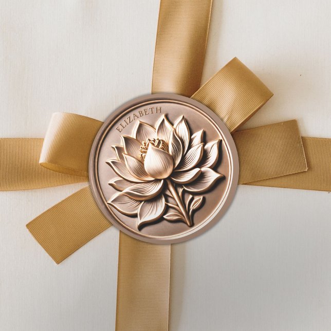 Pegatina Redonda Faux 3D Antiguo Gold Regal Lotus Blossom (Antique Gold Regal Lotus Blossom Classic Round Sticker)