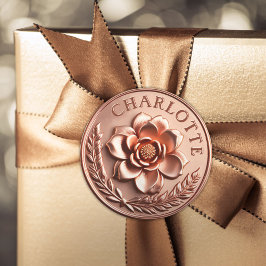 Pegatina Redonda Faux 3D Rosa de lujo Gold Peony y Laurel Wreath