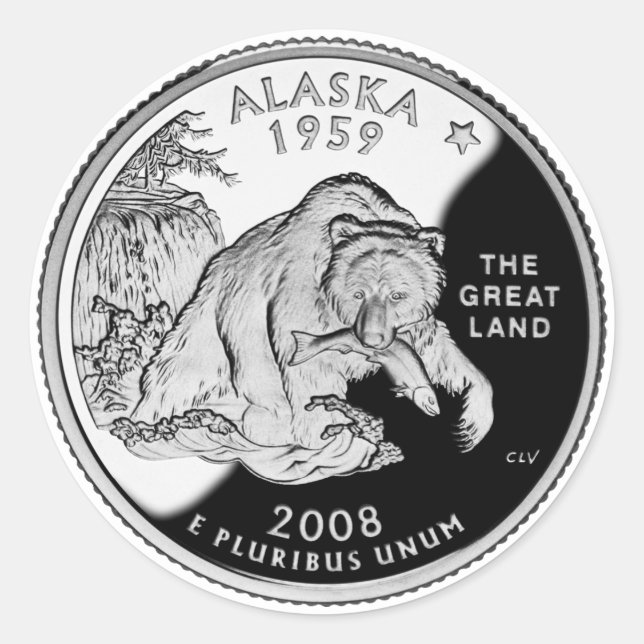 Pegatina Redonda Faux Alaska State Quarter The Great Land Grizzly (Anverso)