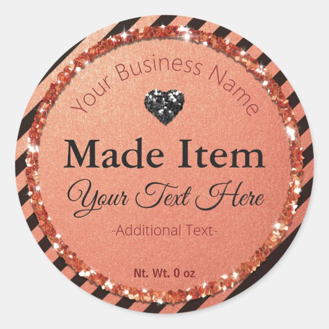 Pegatina Redonda Faux Black Rosa Gold Purpurina Handmade Business (Anverso)