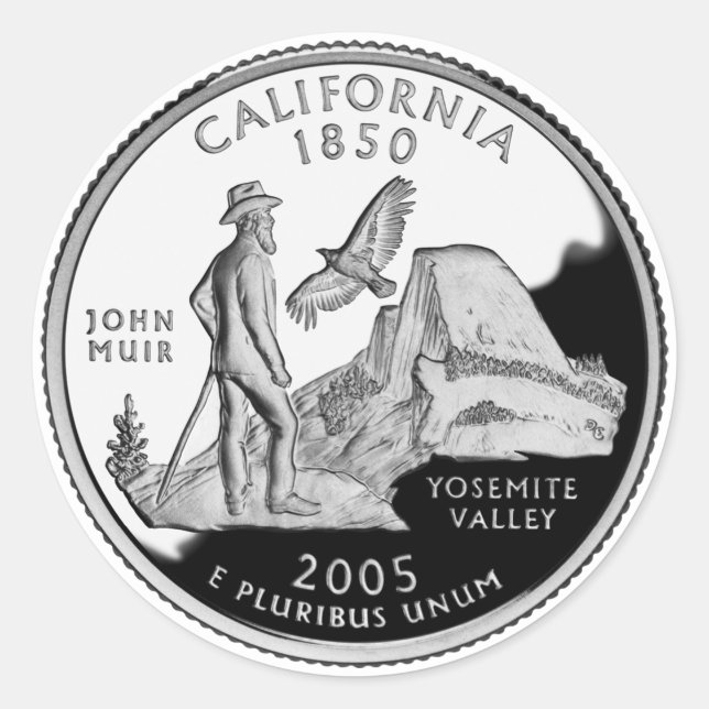 Pegatina Redonda Faux California State Quarter Yosemite Valley Muir (Anverso)