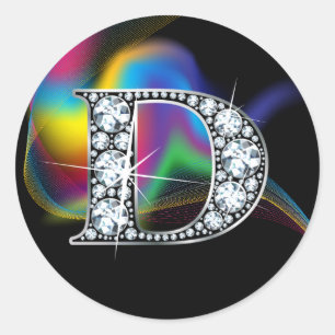 Pegatina Redonda Faux "D" Diamond Bling on Rainbow Swirl Heart