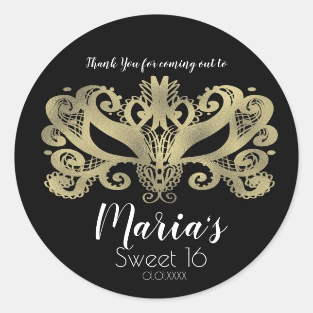 Pegatina Redonda Faux de oro Relieve metalizado Mascarada Mascarada (Anverso)